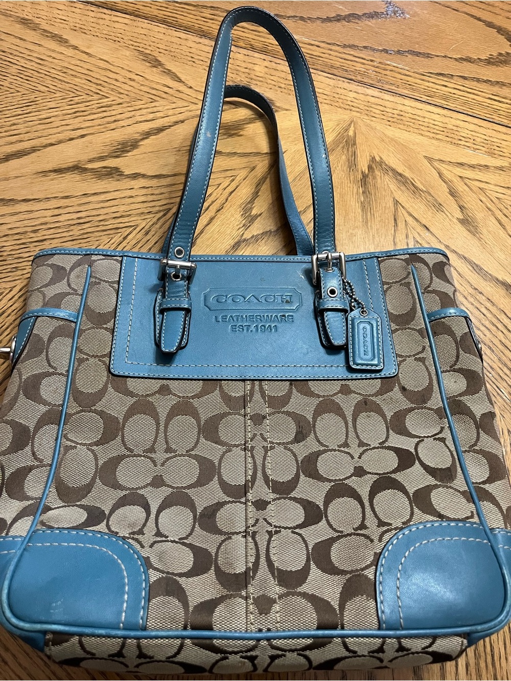 Coach Brown Signature Canvas Tote with Blue Trim